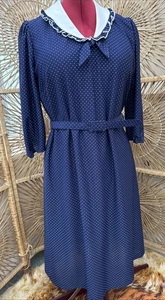 Vintage Littlewoods Navy Blue Spotted Dress Size 18 Lovely Tea Dress - Picture 1 of 10