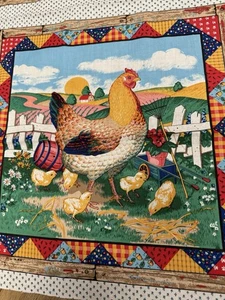 CHICKENS Rooster Baby Chicks Gingham FARM Country 100% COTTON FABRIC Panel CUTE! - Picture 1 of 8
