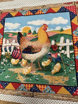 CHICKENS Rooster Baby Chicks Gingham FARM Country 100% COTTON FABRIC Panel CUTE! - Image 1 of 4