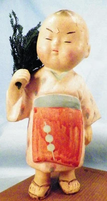 Muñeco niño japonés en kimono poema Haiku Ningyo base cerámica madera vintage Foto 1 de 4