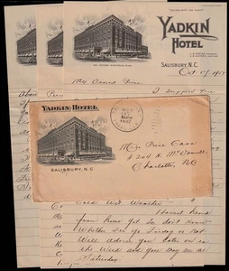 1927 YADKIN HOTEL, Salisbury N.C. illustrated Envelope + 3 Hotel letterheads - Picture 1 of 2