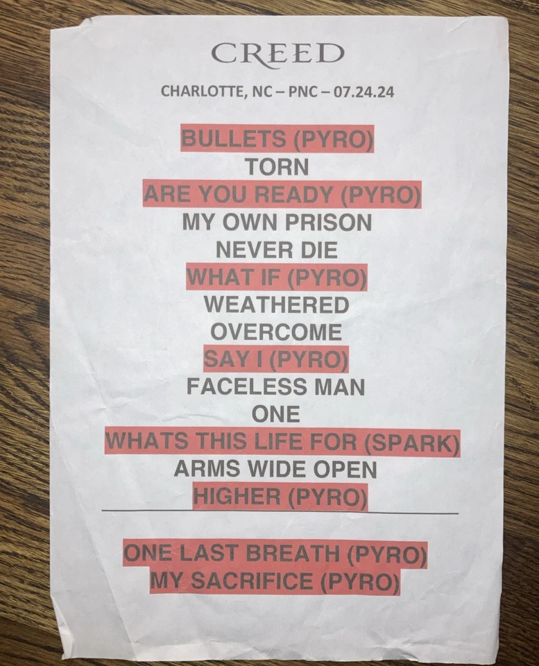 Creed Setlist Charlotte, NC 7/24/24 - Image 1 of 1