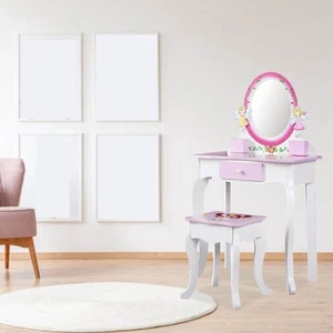 Children Vanity Wooden Makeup Home Table Set For Girls Princess Mirror Gift - Picture 1 of 14