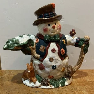 Christmas Winter Snowman tea Pot Scarecrow Patches Hand Painted Herman Dodge USA - Picture 1 of 12