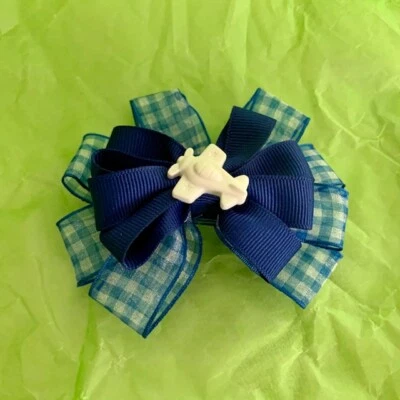 GIRL'S HANDMADE HAIR BOW - Blue/White with Airplane Charm - 4" wide - Image 1 of 2