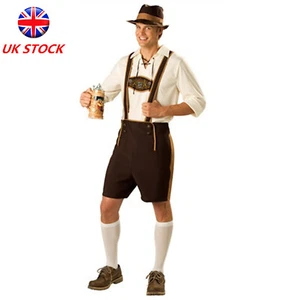 Men German Oktoberfest Beer Guy Costume Bavarian Lederhosen Shorts Outfit w/Hat - Picture 1 of 8