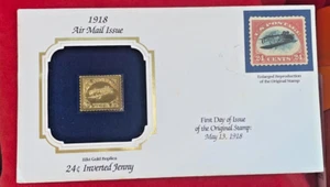 First Day of Issue 22kt Gold Fantasy Stamp 1918 Air Mail Inverted Jenny - Picture 1 of 5