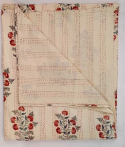 Indian Hand block Print Kantha Quilt blanket Cotton king Bedspread Gudari Throw - Picture 1 of 12