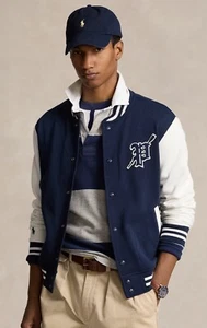 NUEVO CON ETIQUETAS Polo Ralph Lauren Grande y Alto Azul Marino Parche Polar Frente a Presión Chaqueta de Béisbol - Imagen 1 de 5