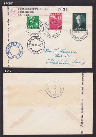 NORWAY 1945, Censored cover to Stockholm, Fieldpost Cover