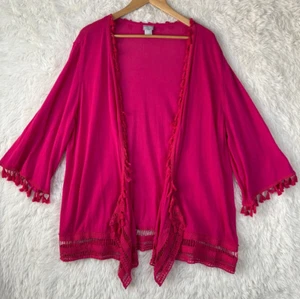 Chico's Sz 4 XXL Solid Bright Pink Open Front Tassel Crochet 3/4 Sleeve Cardigan - Picture 1 of 8