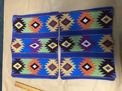 2 blue & bright multicolor Guatemala Pillow Covers -Back Strap Loom 18"x13” - Image 1 of 4