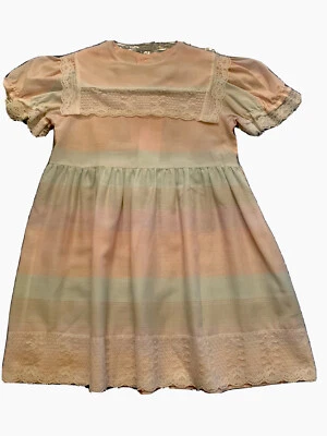 Vtg 80s Cinderella Girls Light Pink Blue Stripes Lace Princess Dress Youth Sz 6 - Image 1 of 4