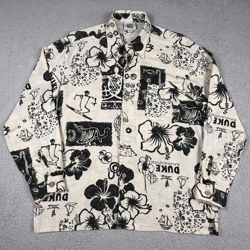 Duke Kahanamoku Shirt Mens Medium Ecru Black Hawaiian Aloha Surf Print Cotton - Image 1 of 4
