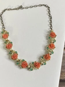 Vintage Zelluloid Rosa Lucite Rose Blume Gold Halsreif Kokette Halskette Perlen - Bild 1 von 9