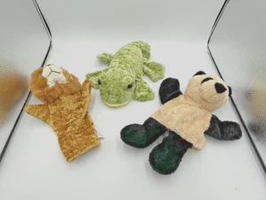 Menge 3 Tier Handpuppen Pelz Plüsch Löwe Panda Frosch, Wald Berge - Bild 1 von 5