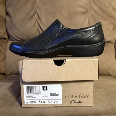 Nuevo Clarks Mujer Cora Giny Mocasín Zapatos Planos, Negro Caído, Cuero, Talla 10M Foto 1 de 2