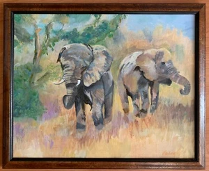 Mid-Century Vintage impressionistisches Gemälde afrikanischer Elefanten - Bild 1 von 5