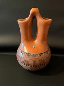 Navajo Wedding Vase Signed by S Benally w Turquoise Stone 7.5" T - Picture 1 of 10
