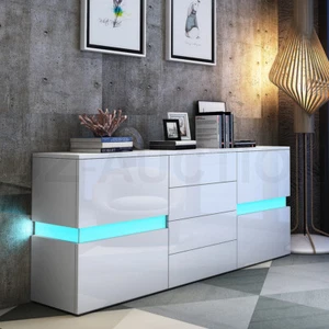Buffet Sideboard Cabinet High Gloss Storage Cupboard 2 Doors 4 Drawers w/RGB LED - Picture 1 of 9