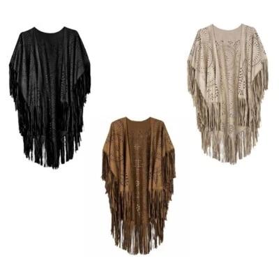 Women s Tassels Sleeveless Vest 70s Hippie Faux Suede Fringe Jackets Cardigan - Image 1 of 4