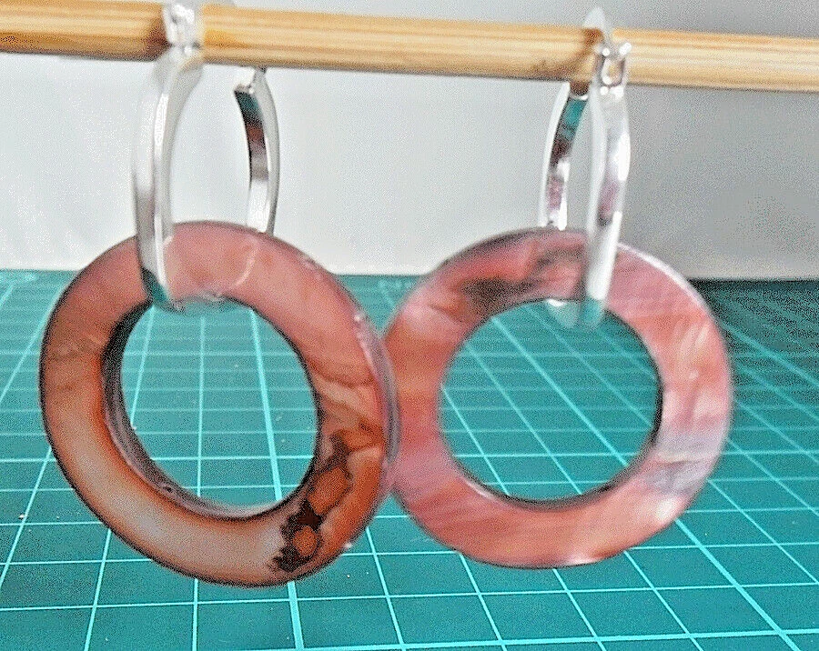 925 Sterling Silver Natural Shell Hoop Drop Dangle Earrings~ Brown ~ E0095 - Image 1 of 1
