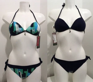Moontide Navy Blue Bikini UK 8 Reversible Halterneck Moulded Top Tie Side Briefs - Picture 1 of 12