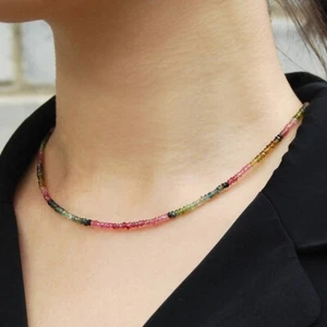A++ Multi Tourmaline Faceted Rondell Gemstone Beaded Women Choker Necklaces 18'' - Picture 1 of 12