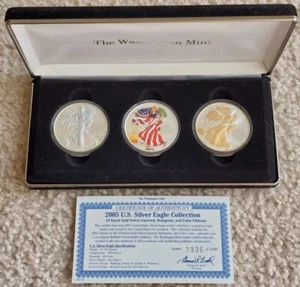 2005 U.S. Silver Eagle Collection 3 Coin Set- Gilded ,Hologram, Color - Picture 1 of 13