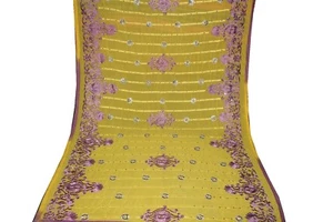 Vintage Dupatta Long Scarf Hijab CHIFFON YELLOW COLOR EMBROIDED Veil Stole   - Picture 1 of 7