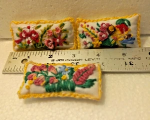 3 Hand Embroidered Throw Pillows/Shams/Cushions 1:12-1:6" Scale Dollhouse - OOK - Picture 1 of 7