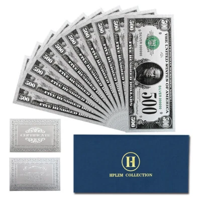 10pcs in Envelope Plastic Money US 500 Dollars Silver Foil Banknotes Crafts - Image 1 of 4