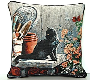 Black Cat On Gardener's Bench In Flower Garden Susan Bourdet Tapestry Pillow New - Picture 1 of 9