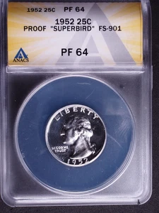 1952 Proof Superbird Washington quarto di dollaro FS-901 ANACS PF64 - Foto 1 di 5