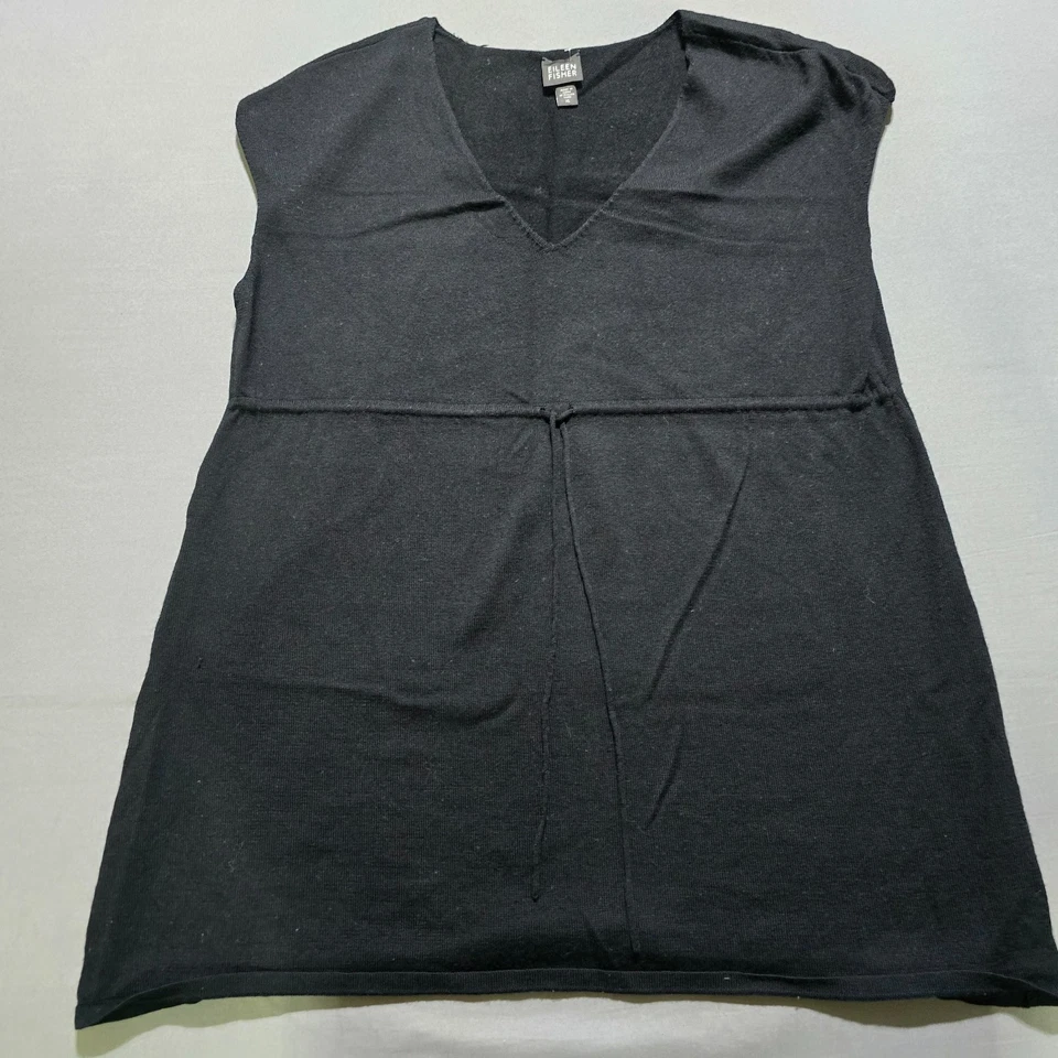 Women’s Eileen Fisher Black 100% Wool  XL sleeveless tunic top tie waist - Image 1 of 4