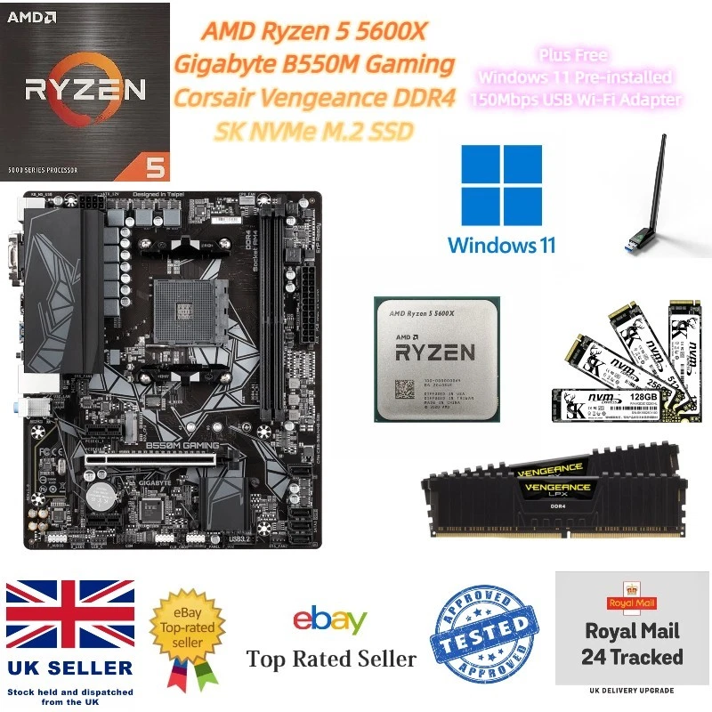 AMD Ryzen 5 5600X 32GB DDR4 2TB M.2 SSD Gigabyte B550M Gaming Motherboard Bundle