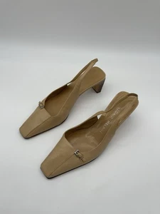 Antonio Melani Audrey Nude Leather Slingback Heels Square Toe Tan Buckle 8.5 VTG - Picture 1 of 12