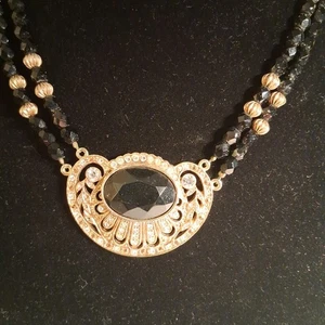 Vintage 1928 Necklace Black Gold Bead Rhinestone Necklace Double Strand 18" - Picture 1 of 9