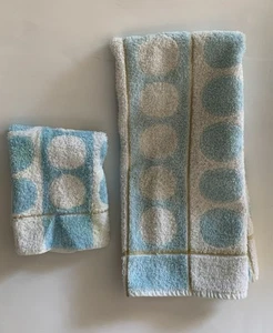 Vintage JCPenney Blue White Gold Lamé Polka Dot Retro Hand Towel & Wash Cloth - Picture 1 of 15