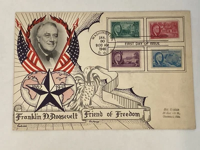 US Stamps FDC 1946 FDR Friend of Freedom Combination First Day Cover ROOSEVELT - Image 1 of 4