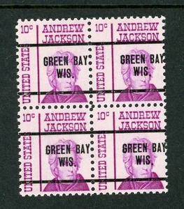 USA #1286 10c Andrew Jackson Precancel Block of 4 Full O Gum NH GREEN BAY, WIS. - Picture 1 of 1