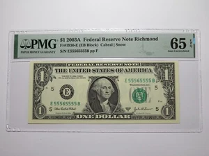 $1 2003 Near Solid Serial Number Federal Reserve Bank Note Bill UNC65 #55565555 - Picture 1 of 3