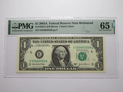 $1 2003 Near Solid Serial Number Federal Reserve Bank Note Bill UNC65 #55565555 - Image 1 of 3