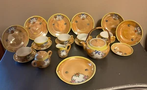 vtg childs toy dishes tea set brown yellow trim Japan bamboo handle tea pot 23 p - Picture 1 of 6