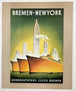 Vintage Norddeutscher Lloyd Bremen Schiffe Druck Empire State Building NY 11x7" - Bild 1 von 3
