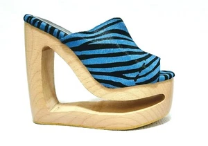 Jeffrey Campbell BLAZER-F Blue Zebra Leather Pony Hair Wooden Wedge Platform - Picture 1 of 11