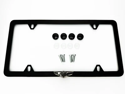 SlimLine Genesis License Plate Frame Stainless Steel Satin BLACK CHROME Emblem - Image 1 of 3