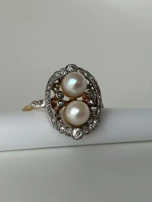 Belle Epoque Ring mit Altschliff-Diamanten und Perlen besetzt in 750 Gelbgold - Bild 1 von 4