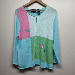 Crazy Horse By Liz Claiborne Knit Cardigan Sweater Women Size XL Blue Floral - Picture 1 of 8