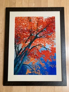 Large Commission work silk art handmade embroidery Autumn leaves on lake, framed - Picture 1 of 9